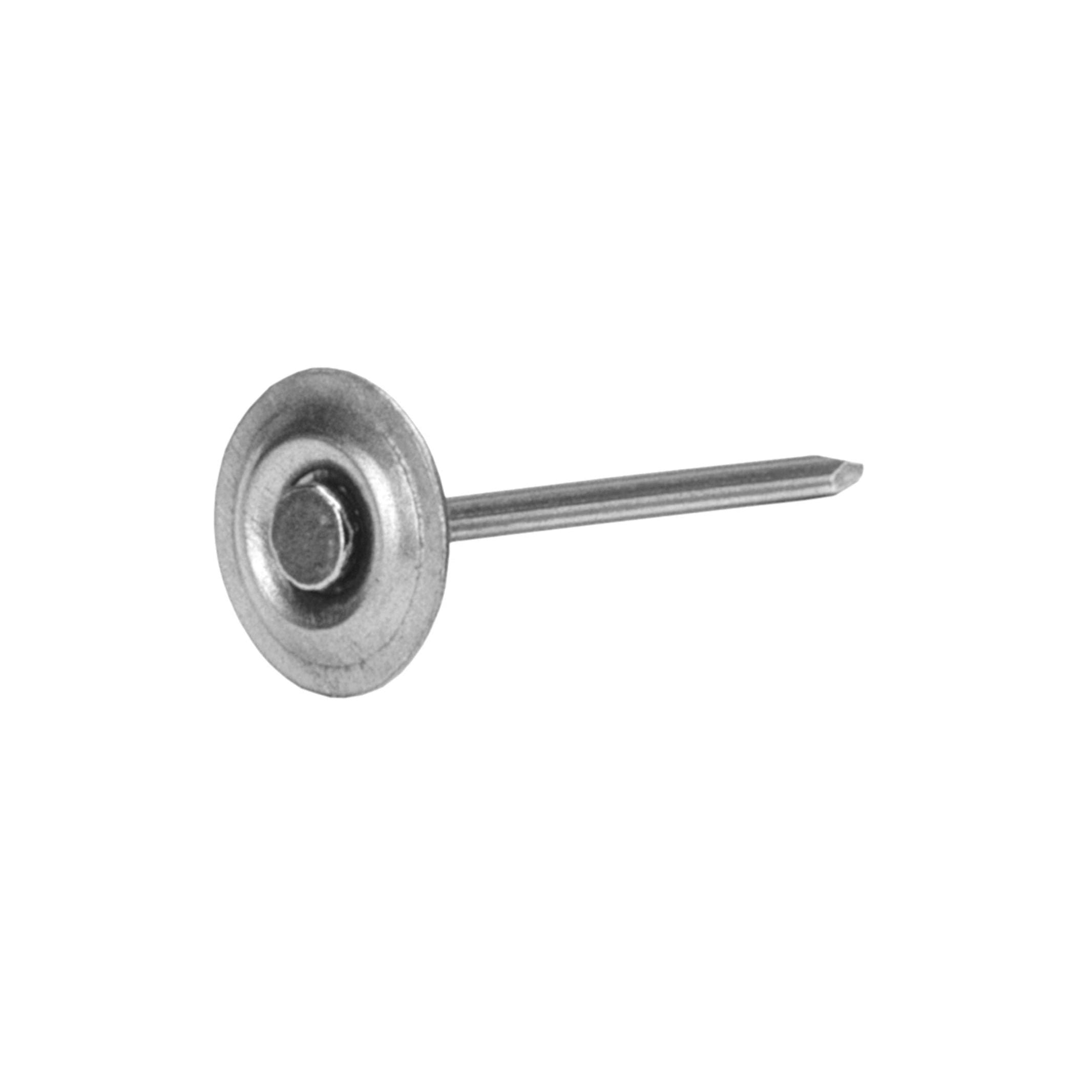 The image features a GRIP-RITE 212RTFMS2 #8 x 2-1/2 in. Metal Round Cap Masonry Nail by Grip-Rite, showcasing its round head, pointed tip, and electrogalvanized finish as it rests horizontally on a plain white backdrop.